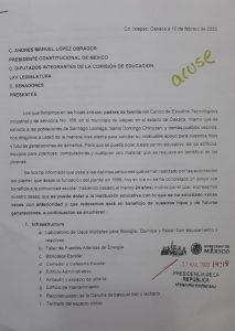 Acuse de recibido en Presidencia de la Republica, comisión de Educación de la Cámara de Diputados, y Senadora Susana Harp  
